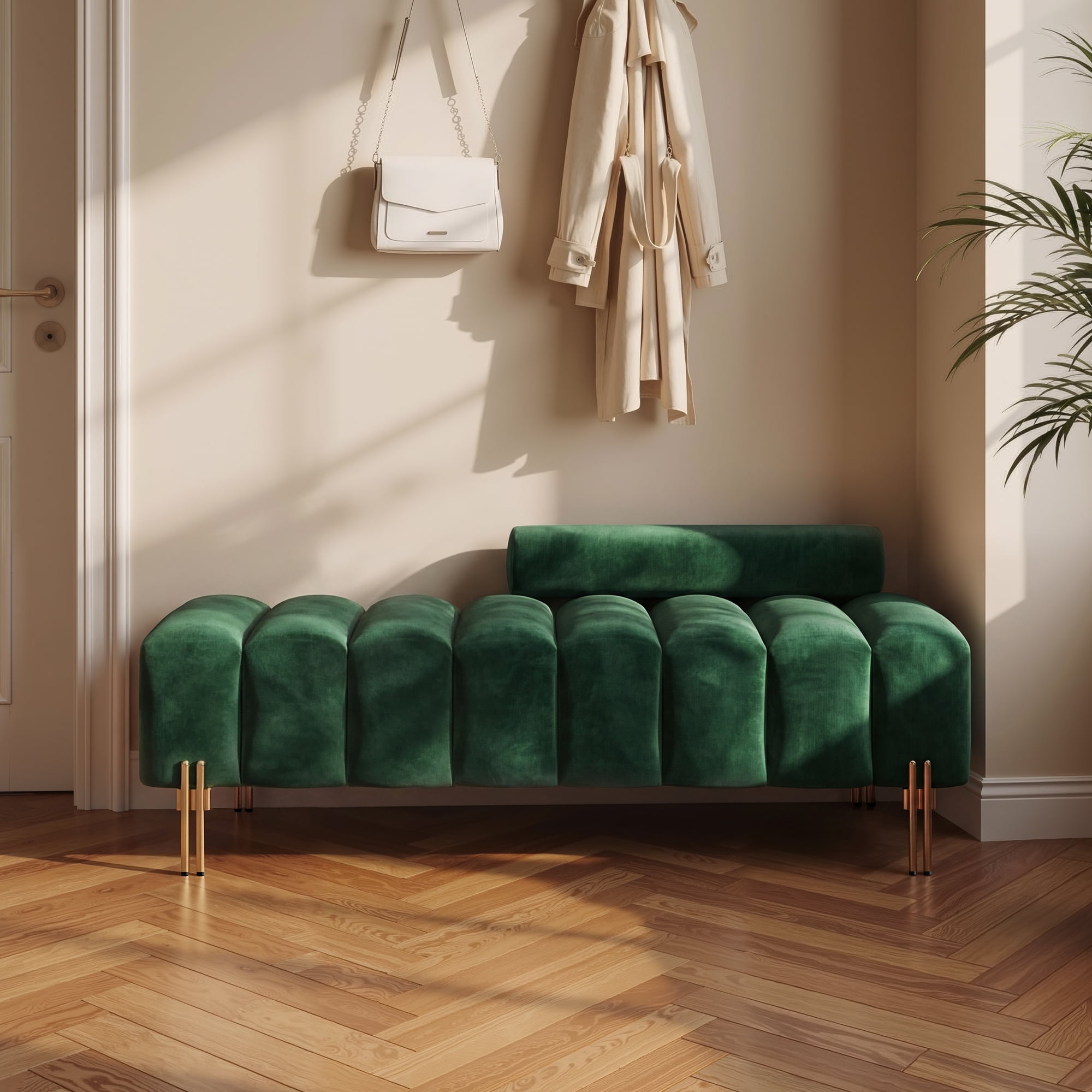 Wiilayok 52" Upholstered Velvet Ottoman Bench,End of Bed Bench with Gold Legs,Tufted Long Bench for Bedroom Living Room Foyer Indoor Entryway,Green