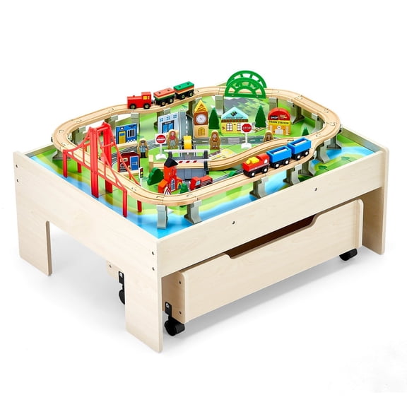 3 in 1 Wooden Train Table with 100 Colorful Blocks and Rolling Storage Drawer for Kids Activity Play Drawing Reading Dining Ages 3 Up
