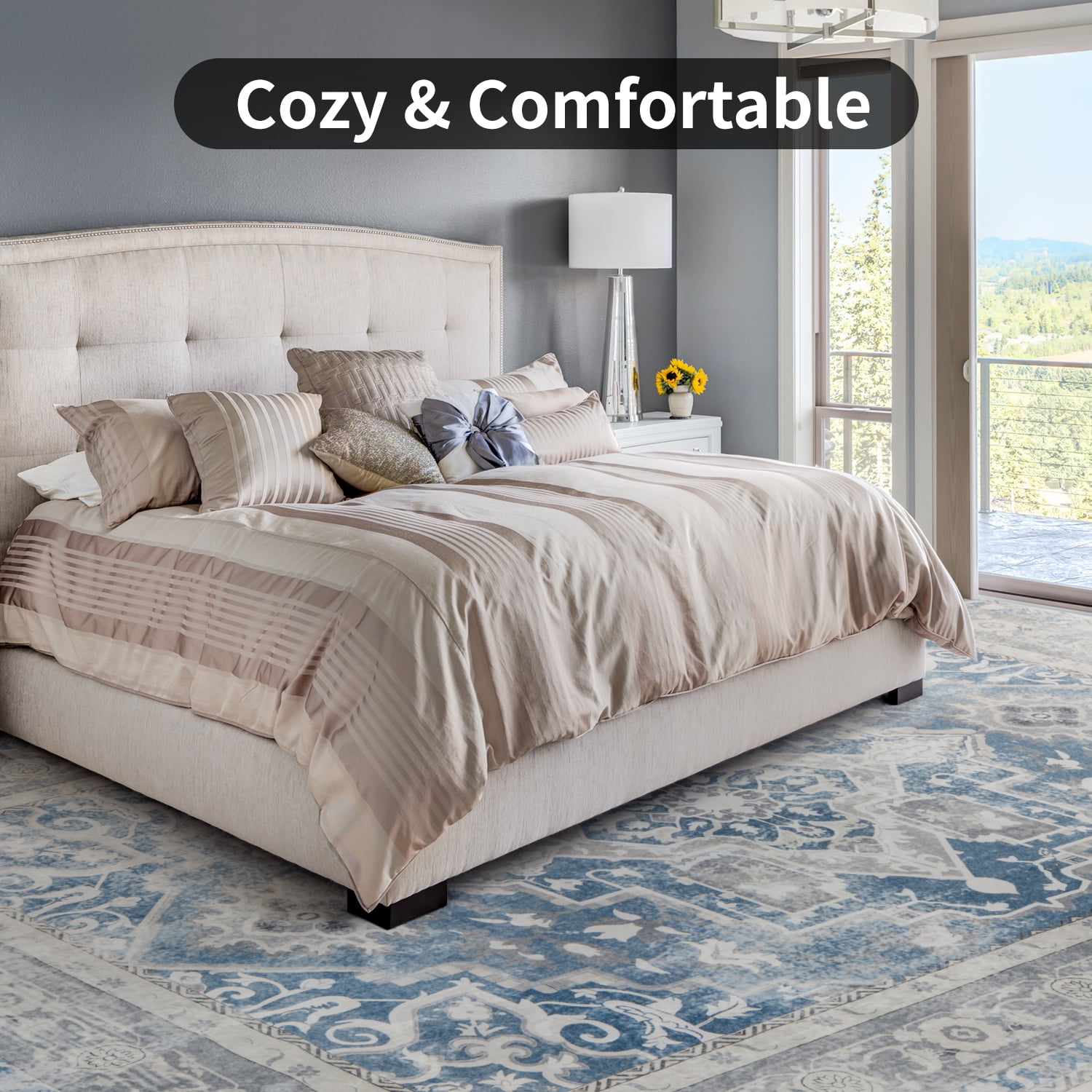 SIXHOME Area Rug 6'x9' Soft Washable Rugs for Living Room Non Slip Carpet Vintage Medallion Bedroom Indoor Floor Rugs Distressed Blue and Cream