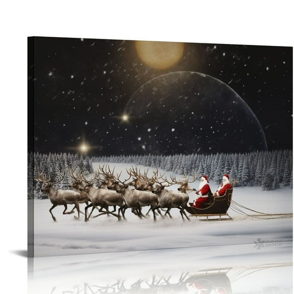 JEUXUS Nordic Christmas print, large horizontal wall art, Santa Claus sleigh reindeer print, Christmas wall art, winter landscape