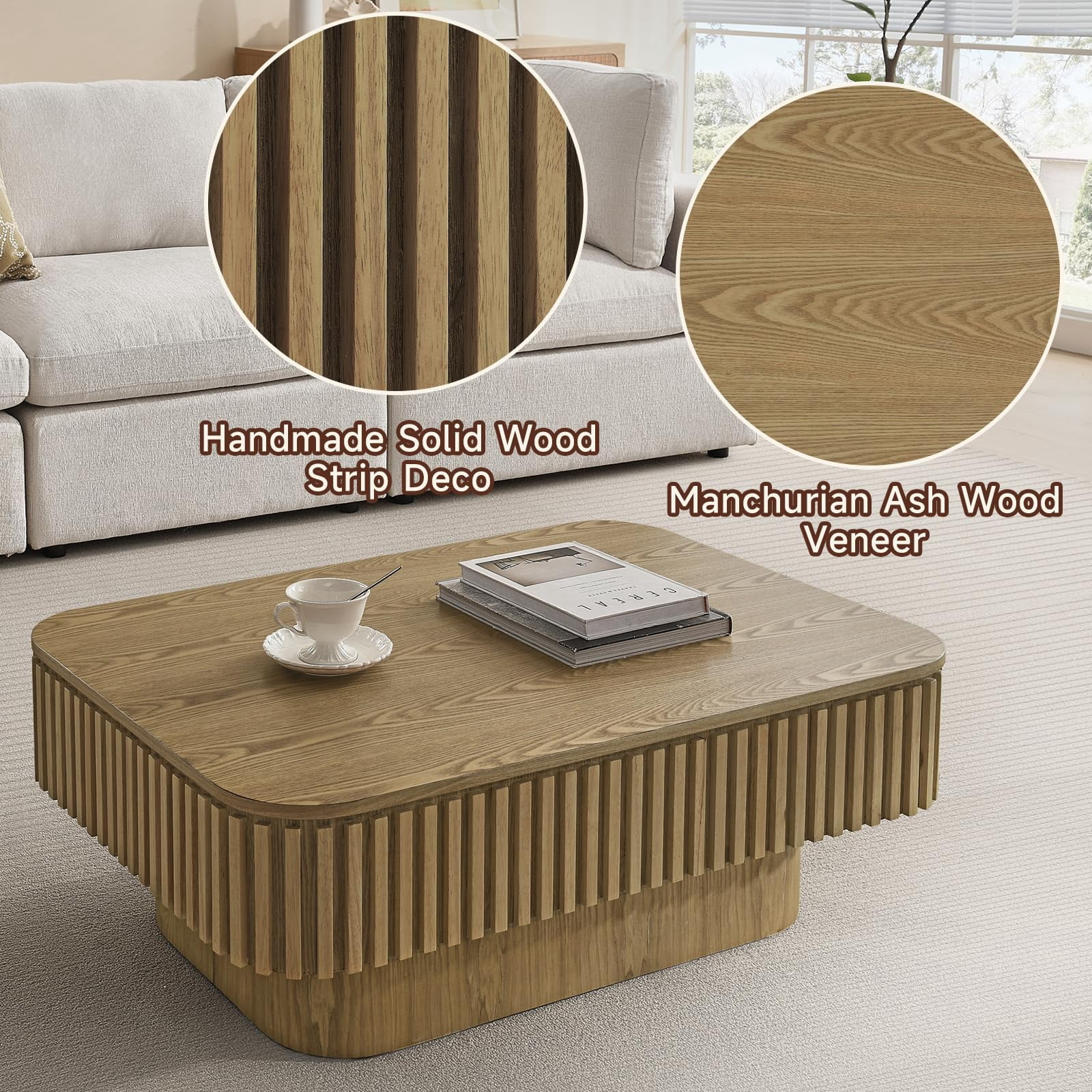 38.6" Lift-Top Natural Coffee Table with Hidden Storage Design for Living Room, Office or Small Spaces