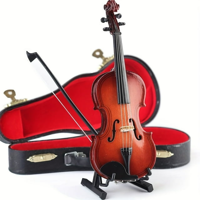 QJUHUNG Beautiful Wooden Mini Violin Set Stand Bow Box And Instrument Box Mini Instrument House Model Home Decoration Handicraft ZZZ