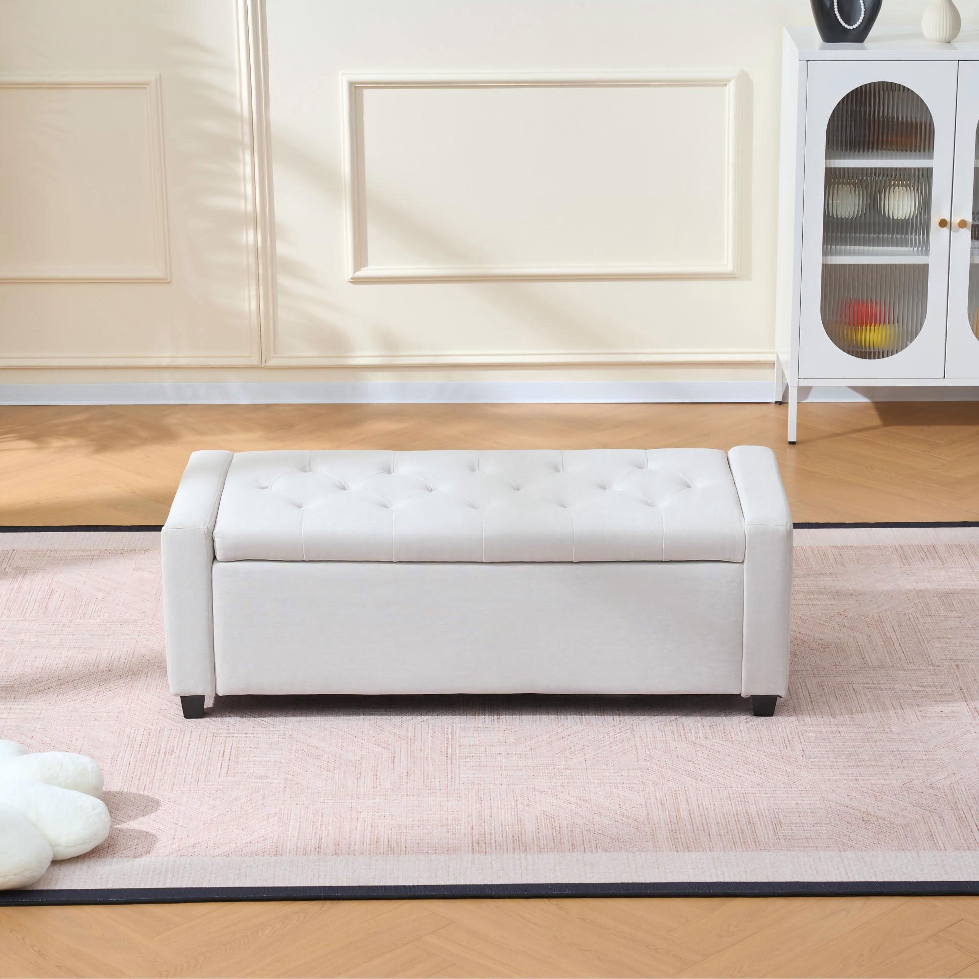 MAYEERTY 48 Inch Tufted Storage Ottoman Bench, Faux Linen Flip-Top Multi-Use Accent Bench for Bedroom Living Room Entryway