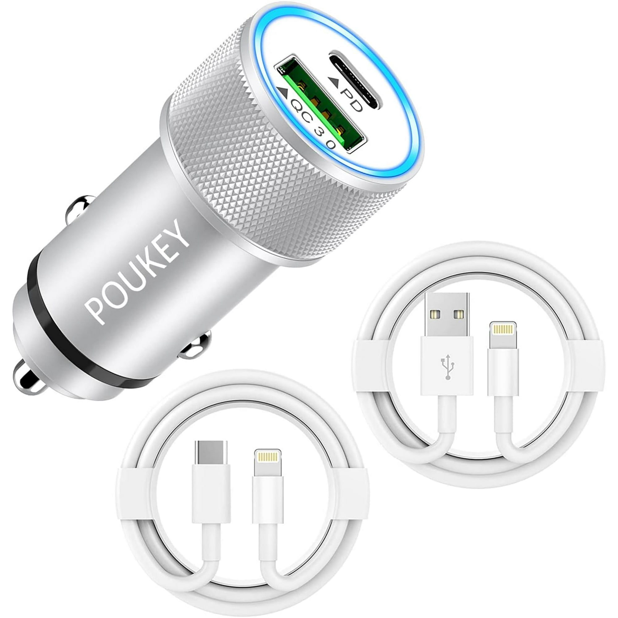 iPhone Car Charger [Apple MFi Certified], P 38W USB C Car Charger Adapter  Dual Port Fast Charging Car Phone Charger with 2X Lightning Cable 