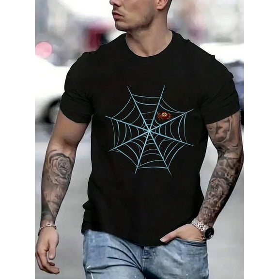 100 Cotton Graphic Tees Funny Spider Web Halloween Night Party Costume Tee T-Shirt Crew Neck Short Sleeve T-Shirt, Casual Print Graphic Cotton Tees Men Tops