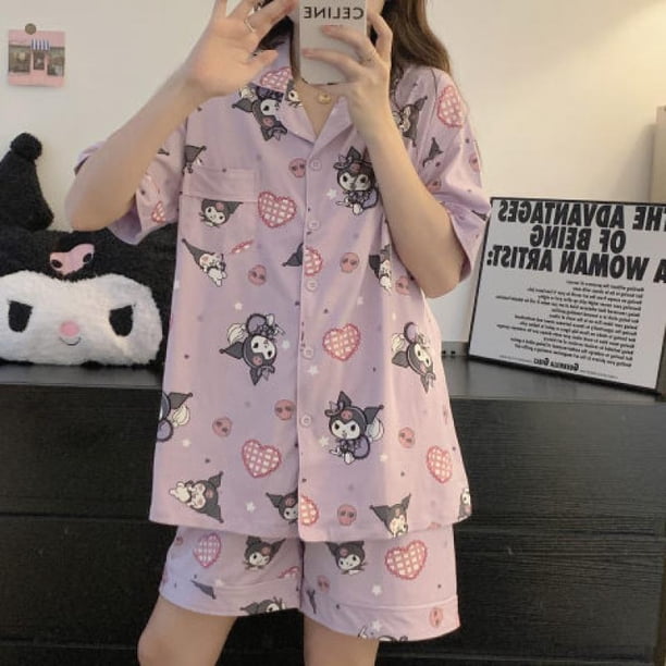 Hello Kitty-Pijama de manga corta con estampado de Pochacco para niñas, ropa de dormir con estampado de dibujos animados Kawaii, con solapa y diseño de Mymelody Kuromi Pochacco Sanrio