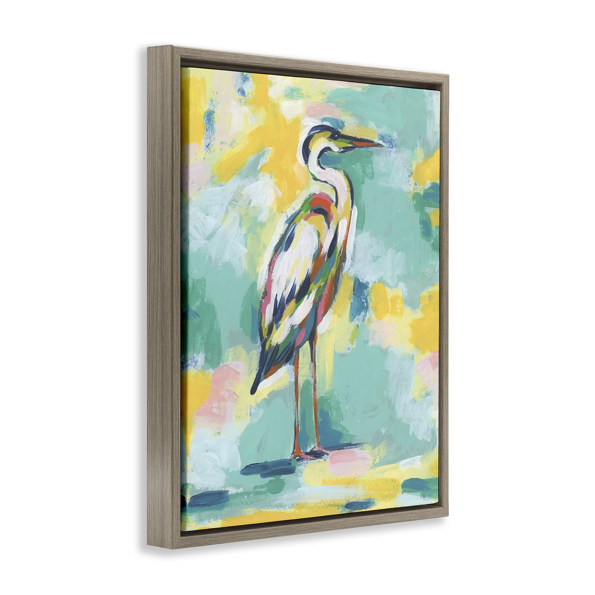 Stupell Industries Yellow & Blue Heron Animals Painting Brown Floater Framed Canvas Art Print Wall Art, 25 x 31