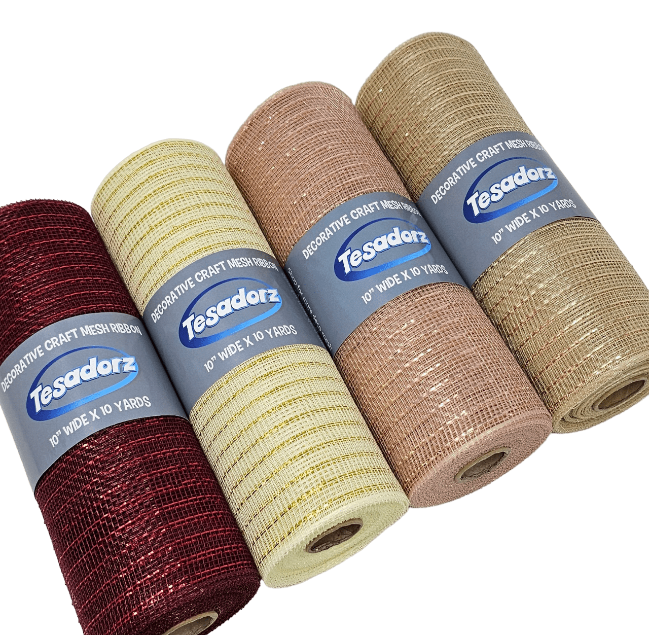 Tesadorz Brand Rose Gold, Ivory, Burgundy and Champagne Gold 10" Decorative Metallic Deco Mesh Ribbon Rolls