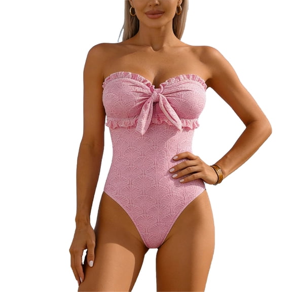 Xdegoge One Piece Swimsuit for Women, Strapless Bandeau, Ruffle Trim, Bow, Underwire Support, High Waisted, Push Up Effect, Beach or Vacation