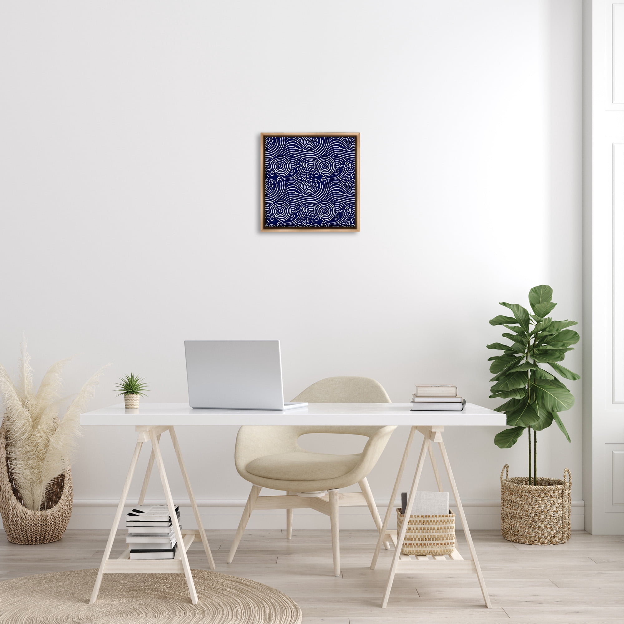 Stupell Industries Blue Traditional Waves Nature Painting Brown Floater Framed Canvas Art Print Wall Art, 18 x 18