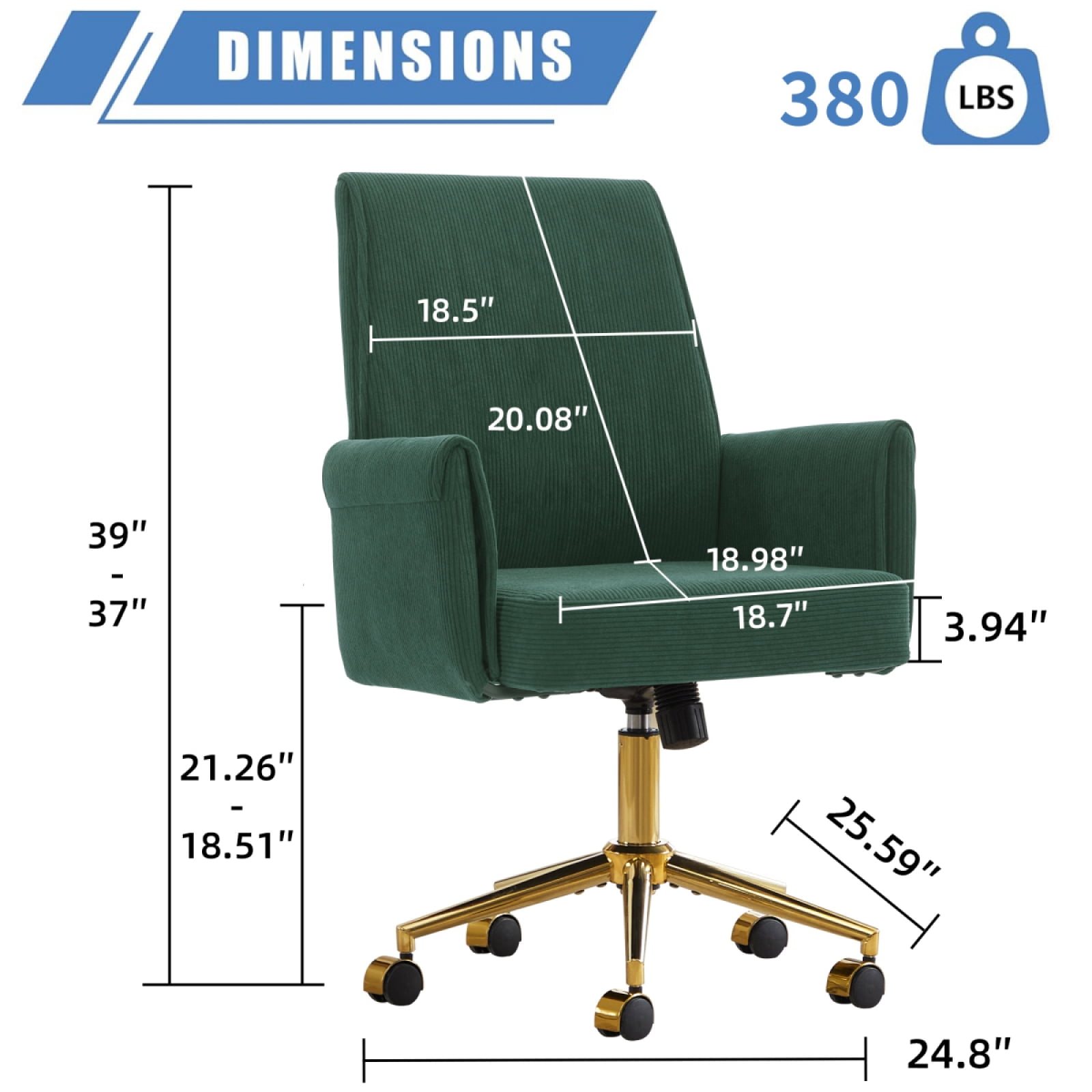 Stripes Corduroy 360° Swivel Desk Chair, Gold Base Adjustable Height Home Office Armchair with Wheels, Ergonomic Mid-Back Comfy Computer Chair for Home Study Living Room Bedroom, Green