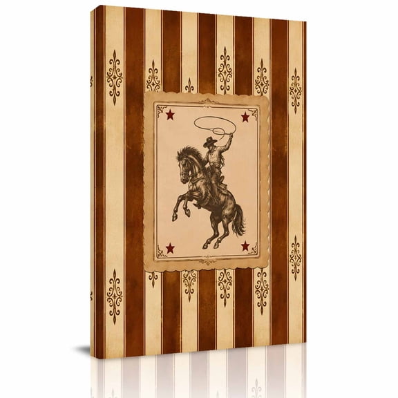 Canvas Wall Art, Western Cowboy Framed Canvas Prints for Living Room Bedroom, Farmhouse Modern Rustic Red Brown Stripe Extra Large Gallery Wrapped Wall Decor for Home Office, Gifts, 24"x36"