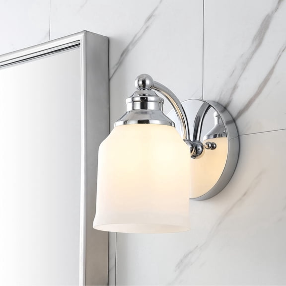 JONATHAN Y Lydia 5.13" 1-Light Iron/Frosted Glass Farmhouse Cottage LED Vanity Light, Chrome