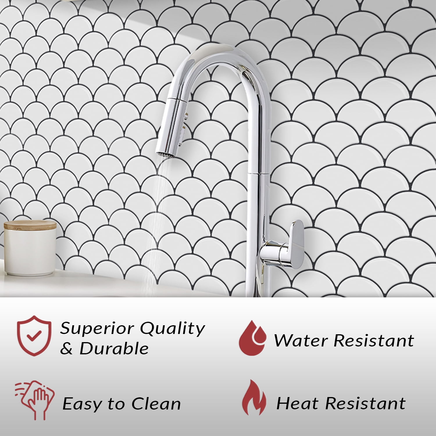 Dcor WOW 41001  Peel & Stick Backsplash, (8) 12x12-inch Sheet Covers 8 Sq Ft, White Scallop Back Splash Tile Grey Grout