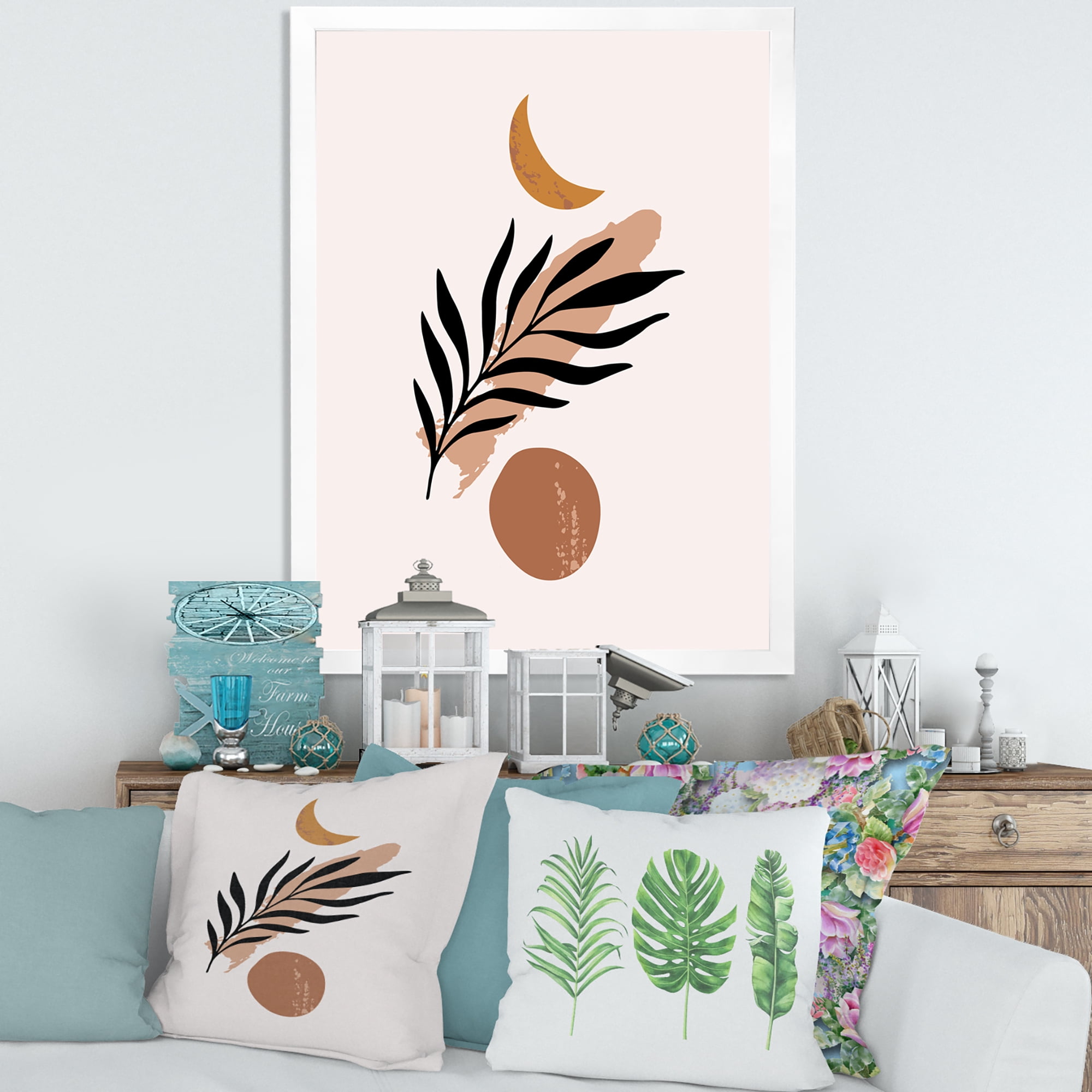Designart 'Abstact Tropical Palm Leaf, Minimal Sun And Moon I' Modern Framed Art Print