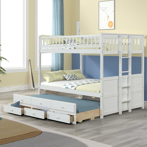 Full over Full Bunk Bed with Trundle, Wooden Bunk Bed with 3 Storage