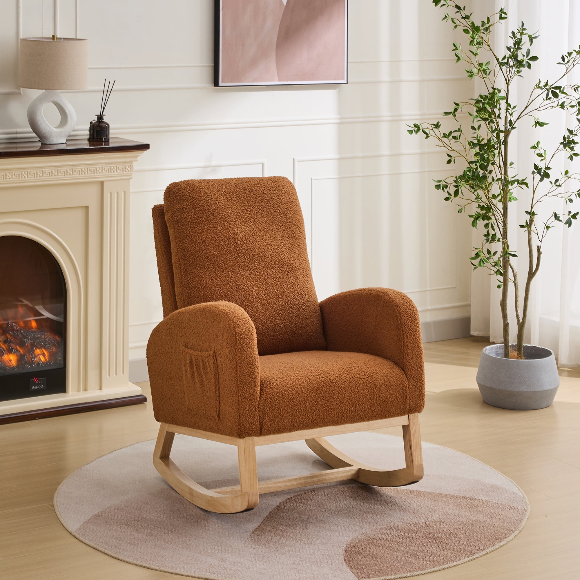 FFZ 27.2W Rocking Chair Nursery Sherpa Glider High Back Side Pocket Accent Armchair Rubber Wood Caramel