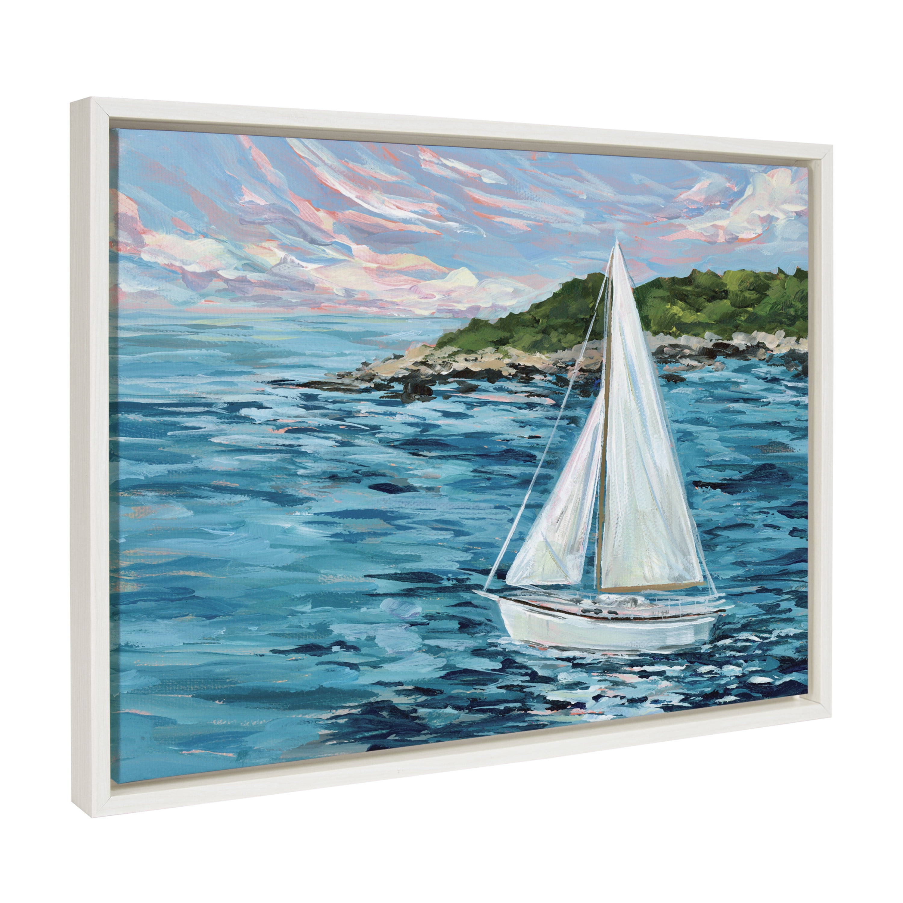 Martha's Vineyard Ocean Sailboat Canvas Wall Art in White Frame