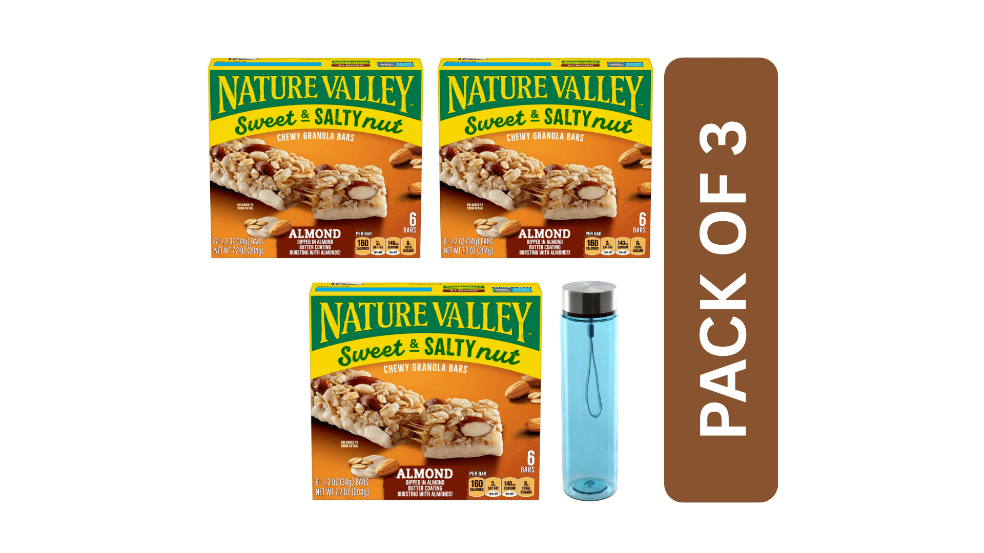 3-Pack Nature Valley Almond Sweet & Salty Nut Granola Bars (6 Bars Each) with Blue Water Bottle by ValueNest