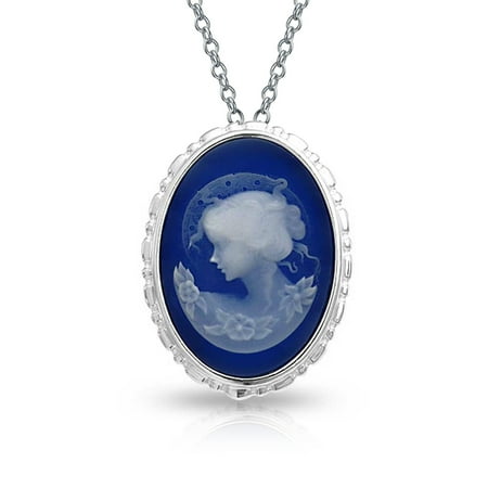 - Classic Vintage Style 2 in 1 Blue White Oval Shape Mothers Cameo Brooch Pin or Pendant 925 Sterling Silver 18 inch