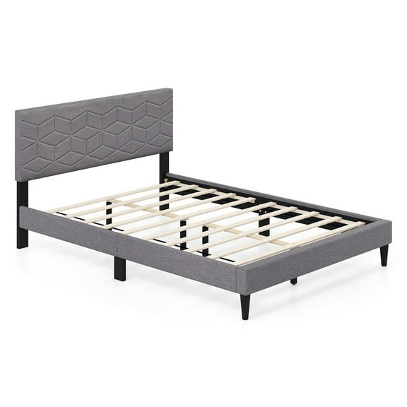 Spaco Full Size Modern Platform Bed, Linen Upholstered Headboard, Geometric Quilting, 10 LVL Slats, Low-Profile Design, Dark Gray