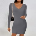 thumbnail image 2 of Lilgiuy Women's Long Sleeve Slim Fit Casual Solid Color V-Neck Cross Dress Gray Fall Dresses for 2022 Spring Winter, 2 of 5