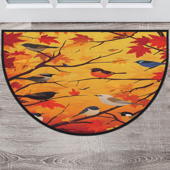 CURLYOOT Birds Fall Maple Leaf Half Round Door Mat 40'' x 63'', Indoor Outdoor Entrance Rug, Semi Circular Area Rug, Non Slip Washable Absorbent Doormat, Laundry Room Rug
