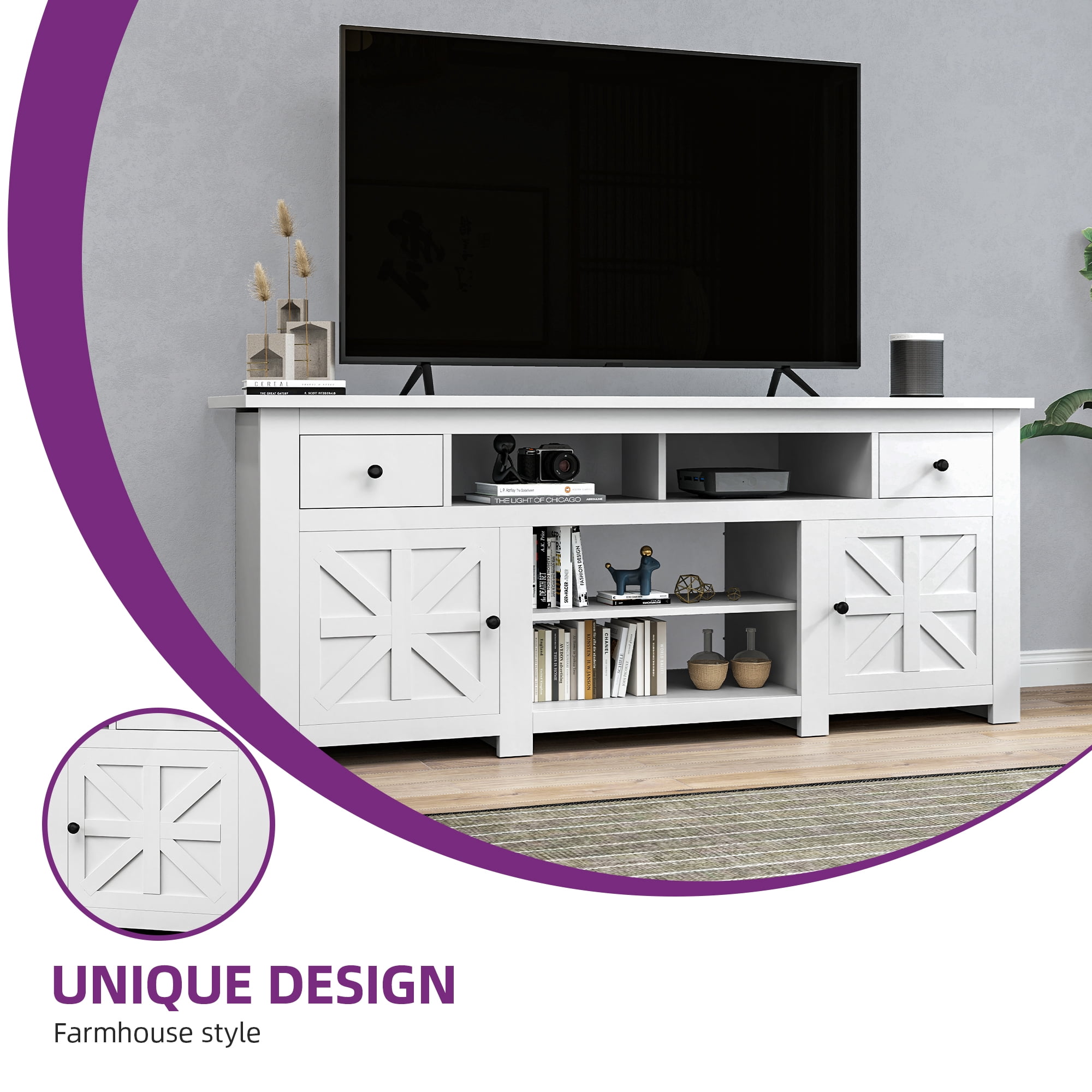 Uforic Media Console with Built-in Power Socket, 2 Shelves for Lounge