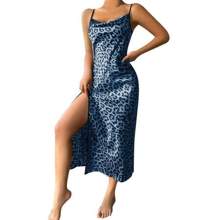 CZSCPDAW Women Sexy Lingerie Nightdress Hollow Nightwear Plus Size Exotic Pajama Ice Silk Thin Breathable Imitation Silk Sexy Leopard Print Pajamas Women s Backless Slit Suspender Nightdress