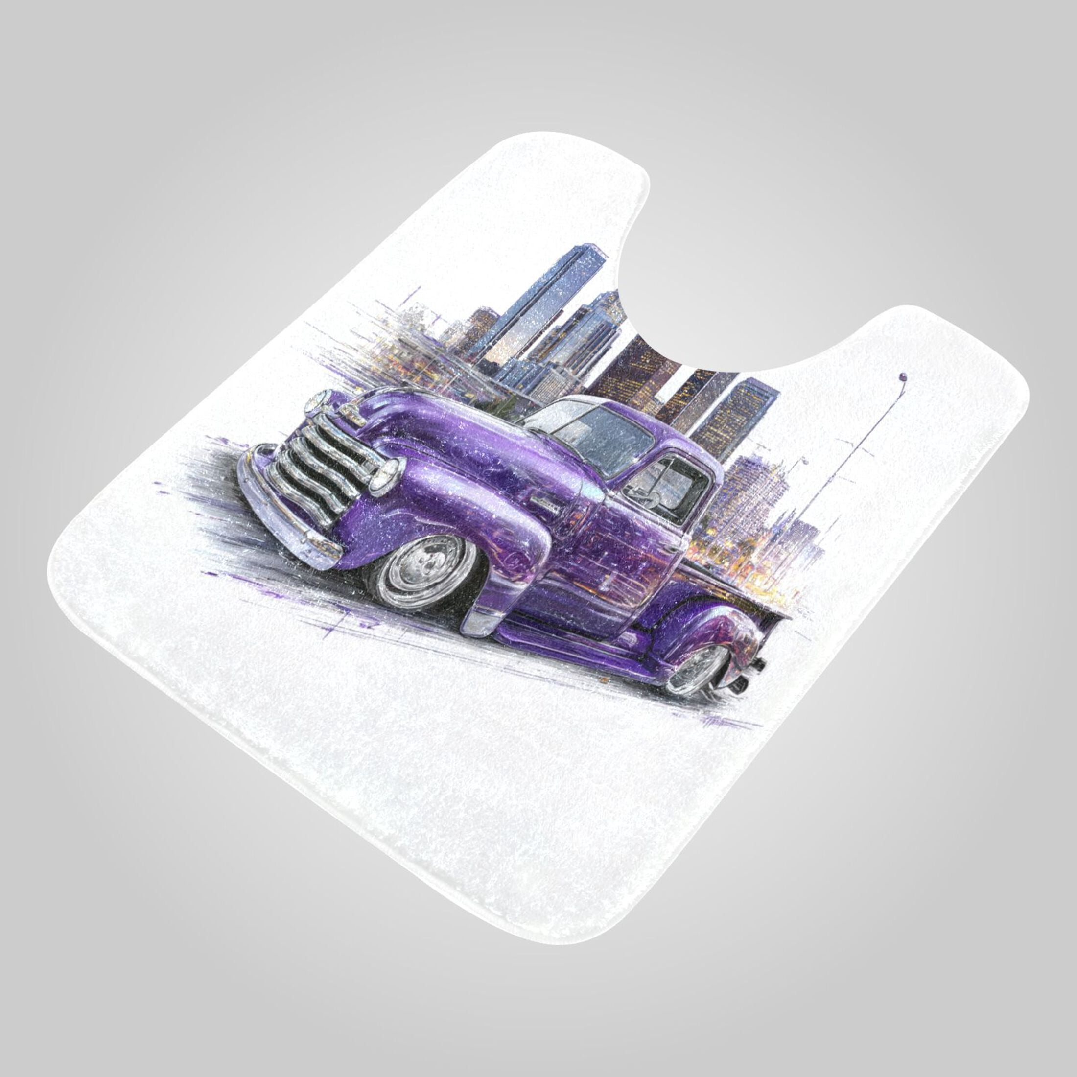 RMDQTR 2PCs Bathroom Rugs Set Plush Toilet Base Mat 16" × 24" Bath Mat and 20" × 24" U Shape Soft Rugs Non Slip Absorbent Vintage Purple Truck City Art