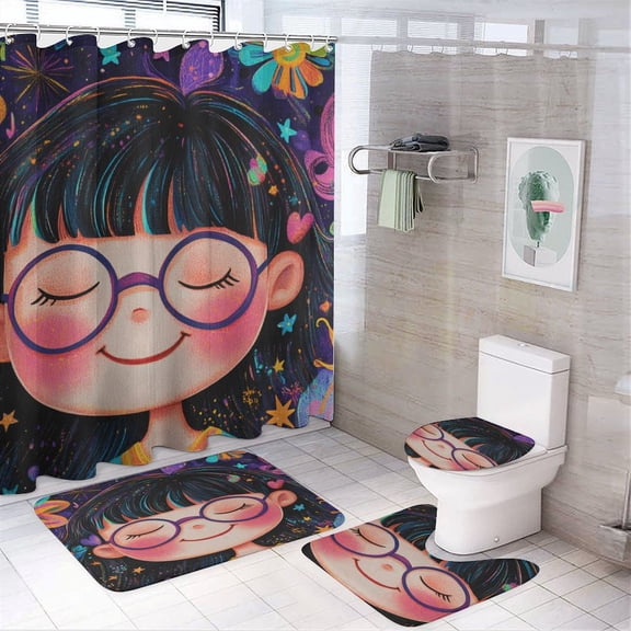 Cute Girl with Flowers 4 Piece Bathroom Shower Curtain Sets Non-Slip Rugs And Toilet Mat Lid Rug Accessories Gifts for Women Waterproof Shower Cu for Bathroom Decor