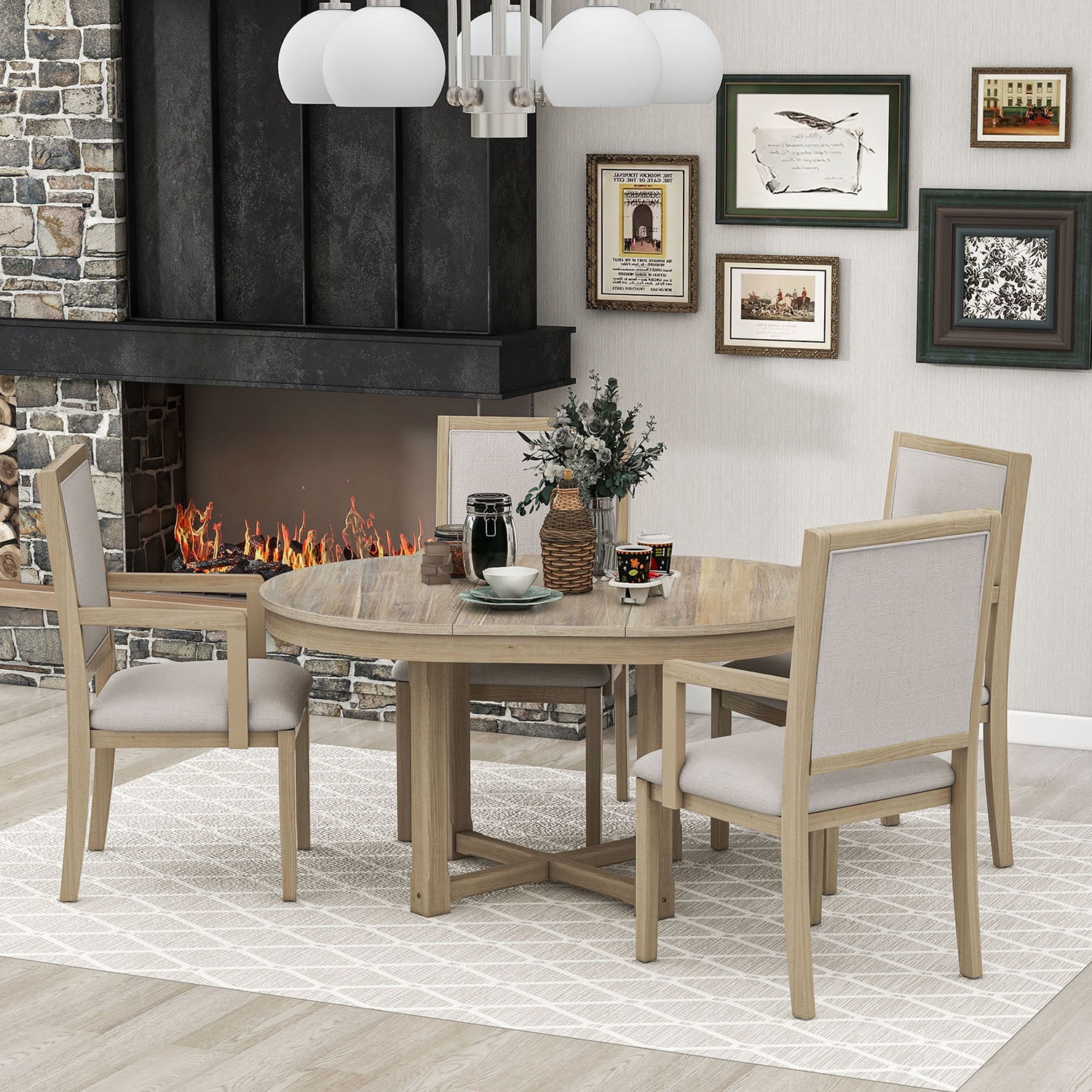 Kadyn 5-Piece Dining Table Set, 4 Upholstered Dining Chairs with Armrests, Extendable Butterfly Leaf Wood Dining Table, Natural Kadyn 5-Piece Dining Table Set, 4 Upholstered Dining Chairs with Armrests, Extendable Butterfly Leaf Wood Dining Table, Natural