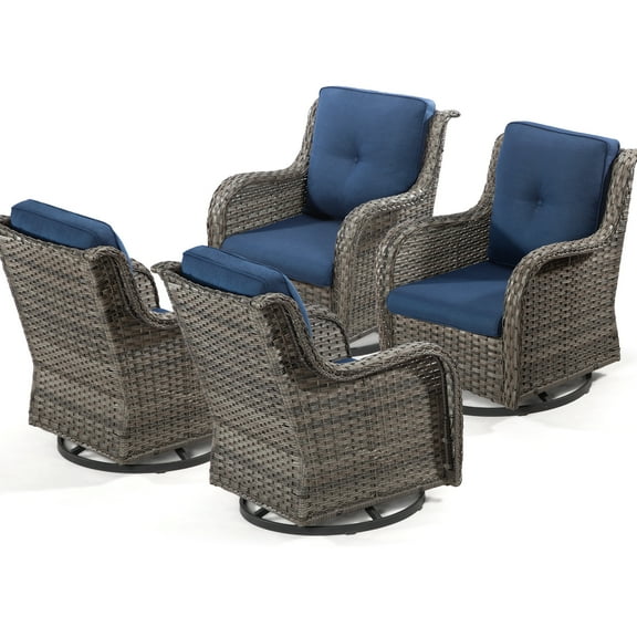 MeetLeisure 4 Pieces Outdoor Patio Furniture Wicker Swivel Chair with Cushions for Backyard, Navy