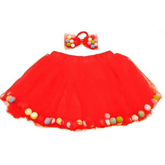 Red Pom Pom Tutu and Bow Hair Tie | 2Pcs Set | Easter Holiday Tutu For Girls - 0-2T