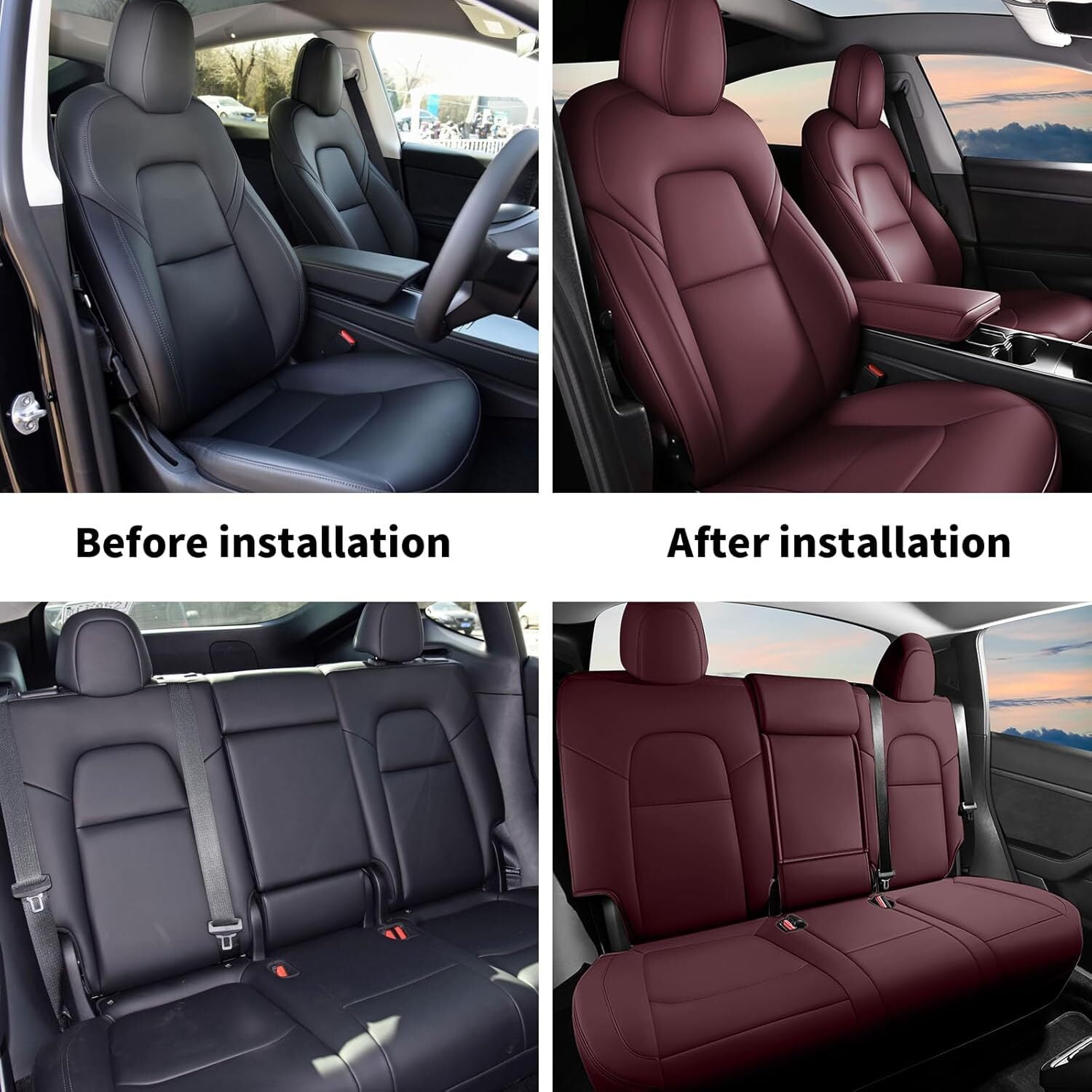IKABEVEM Car Seat Cover for Tesla Model Y 2023-2024 - Full Set Faux Leather Seat Covers (Wine Red)