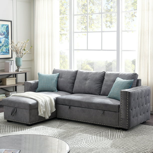 Modern Upholstered Sectional Sofa With, Corner Sofa With Storage And Pull Out Bed