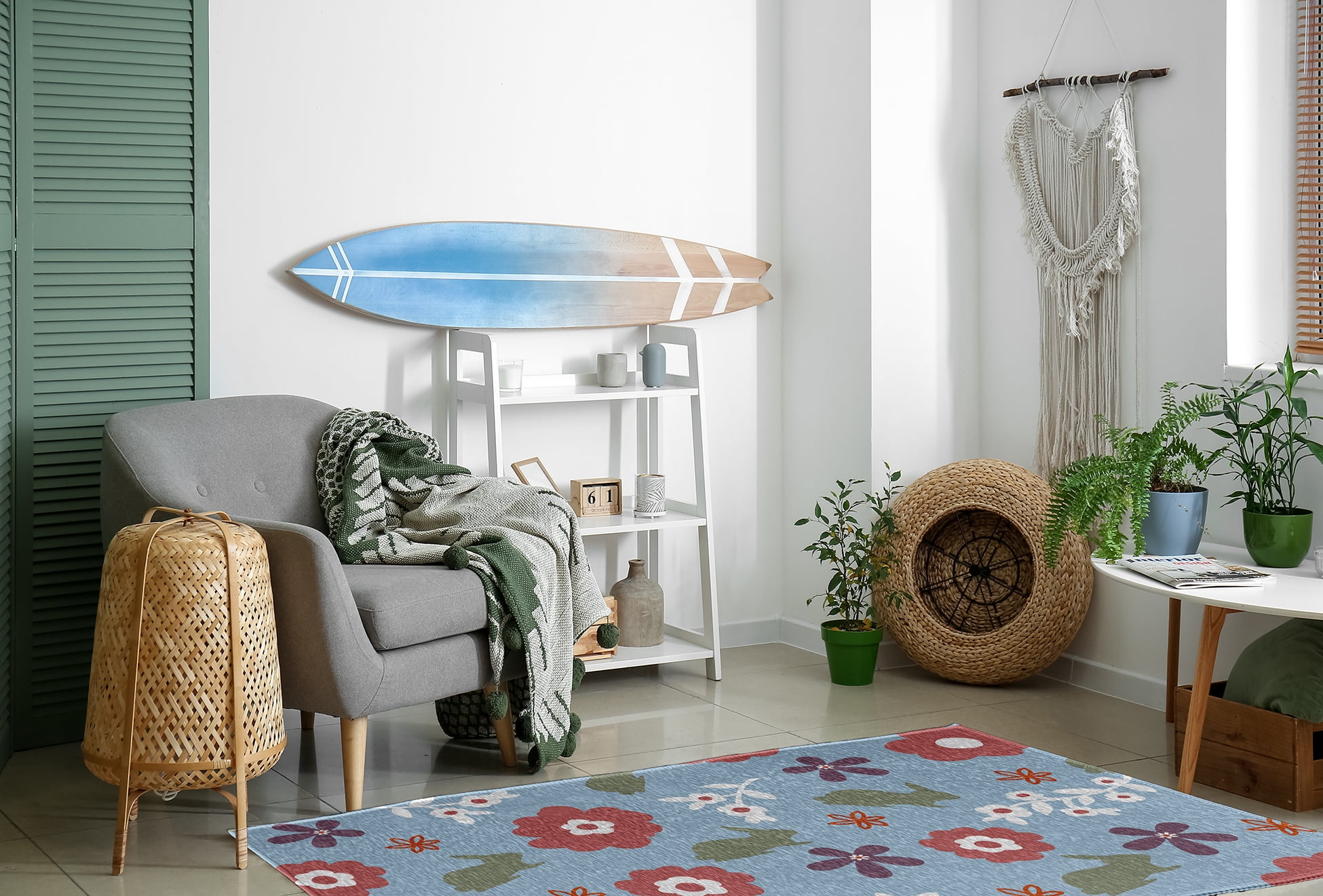 4' x 6' Simply Daisy Flowery Love with Bunnies Traditional Chenille Area Rug, Lighter than Air Blue