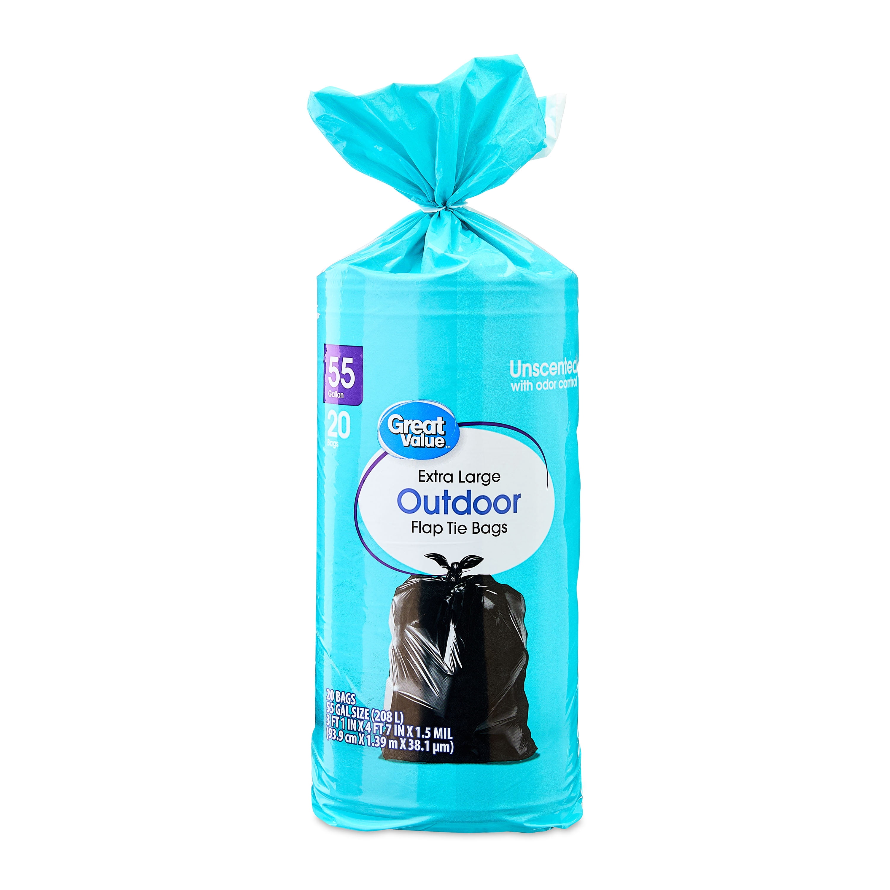 Great Value 55 Gallon Extra Large Outdoor Flap Tie Bags, 20 Bags