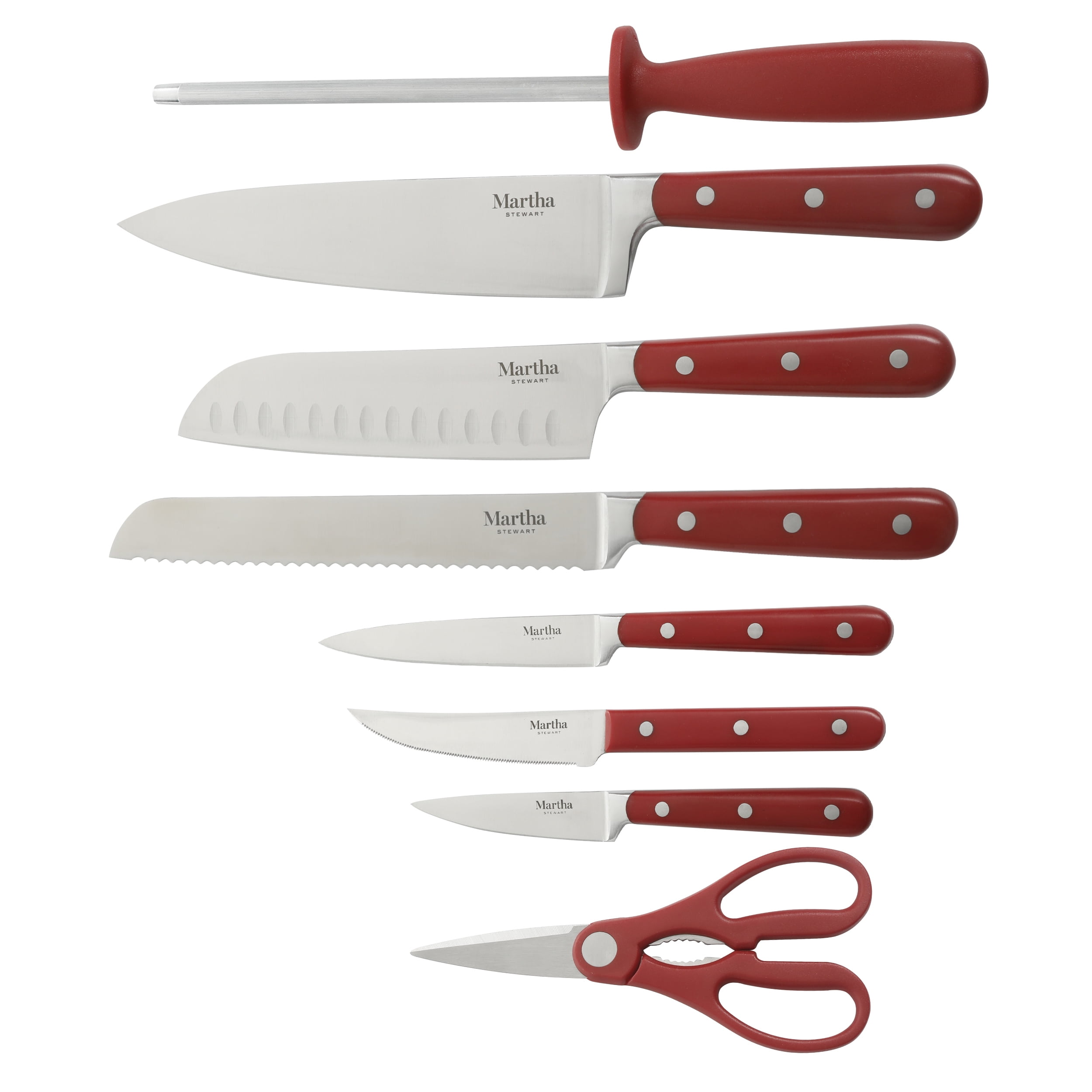 Martha Stewart 14 Piece Stainless Steel Cutlery Set in Red with Acacia Wood  Storage Block