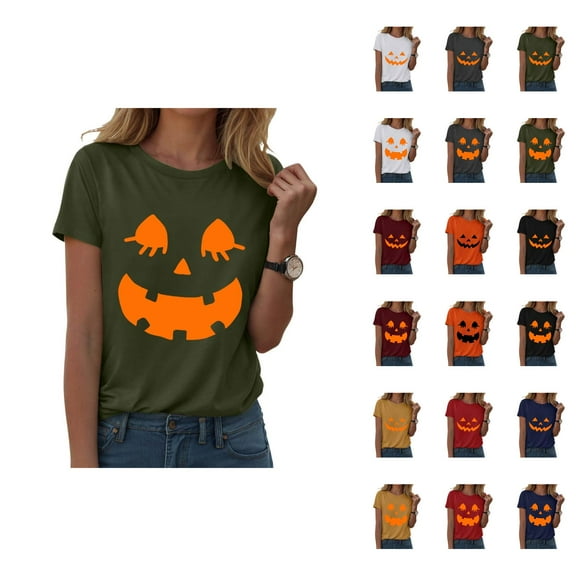 Funny Pumpkin Face Halloween Tshirts Women 2025 Short Sleeve Crewneck Funny Graphic Halloween Shirts for Women