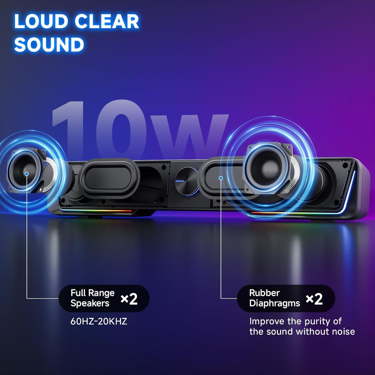 A40 Bluetooth Computer Speakers with Clear Sound, USB Plug & Play PC Speakers with LED Light, Computer Sound Bar with Switch Button for Desktop Laptop Monitor (USB-C Adapter Included)
