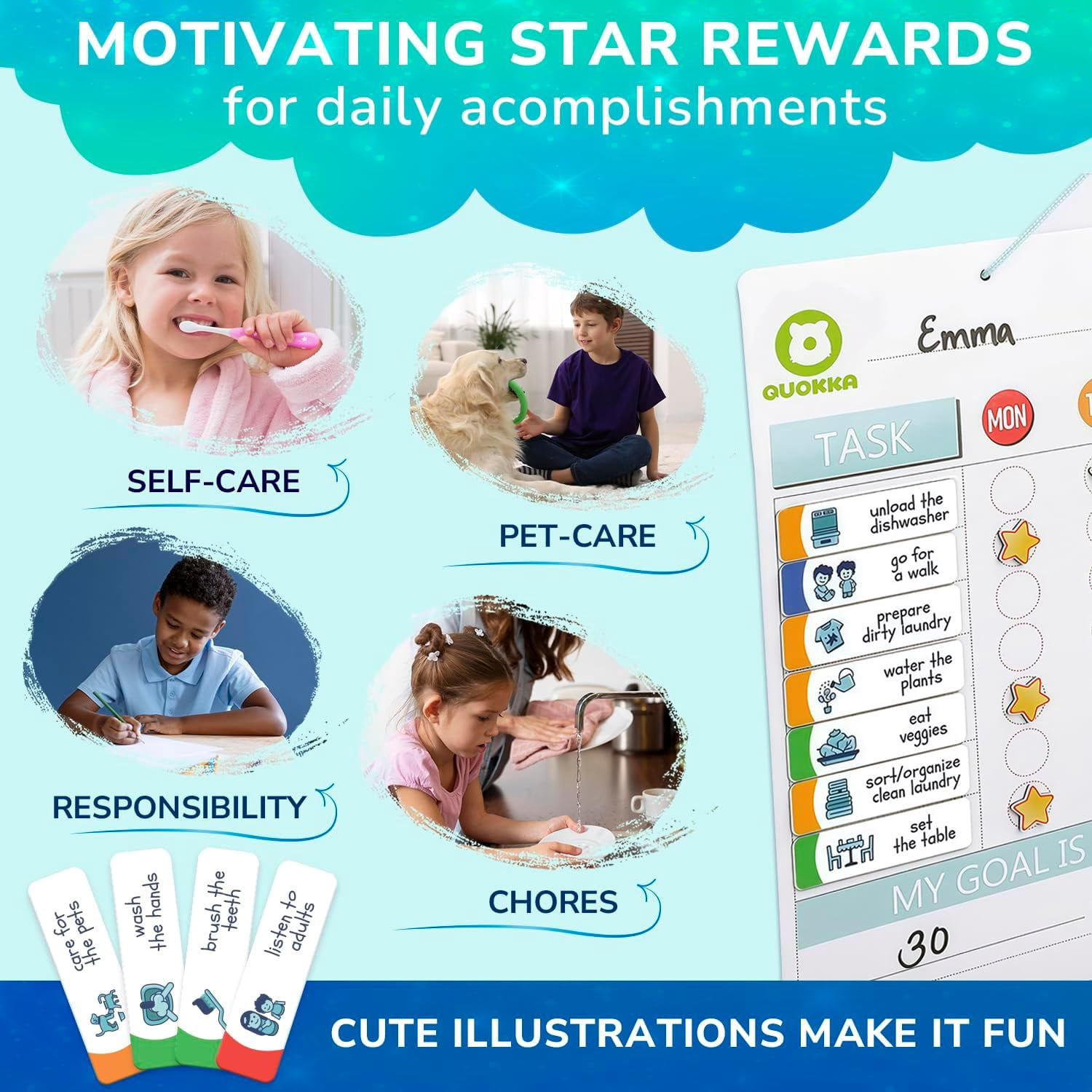 Quokka Reward Chart for Kids - Magnetic Behavior Chore Chart for Kids at Home - Dry and Erase and Responsibility - 84 Magnets & 102 Stars