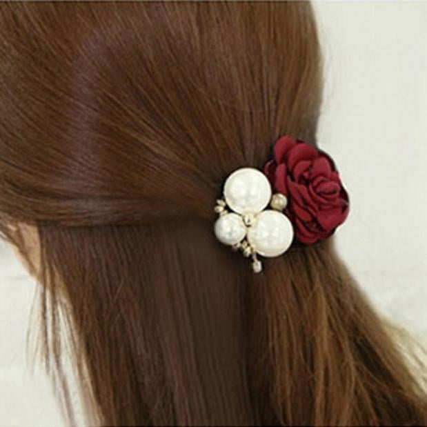 Women Lady Satin Ribbon Rose Flower Pearls Hairband Ponytail Holder Hair Band
