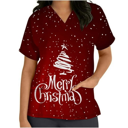 

Women Tops SUWHWEA Scrub Tops Women Short Sleeve V-neck Tops Christmas Tree Printed Pockets Blouse Nursing on Clearance