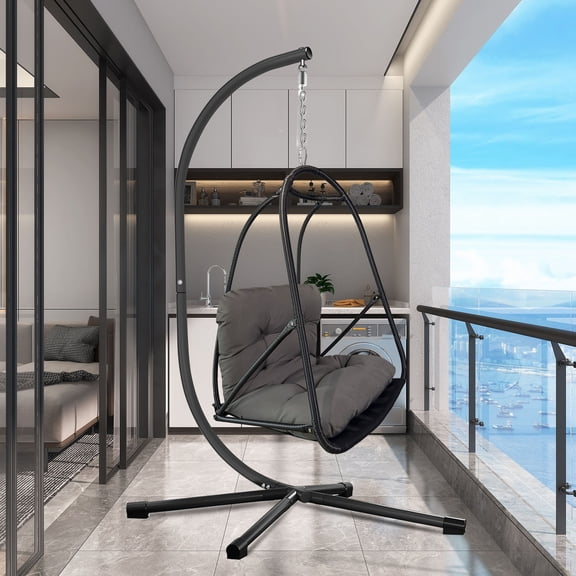 S-HOME Swing Egg Chair with Stand in Wicker Rattan with Cushion and Pillow for Indoor Outdoor Relaxation and Comfort