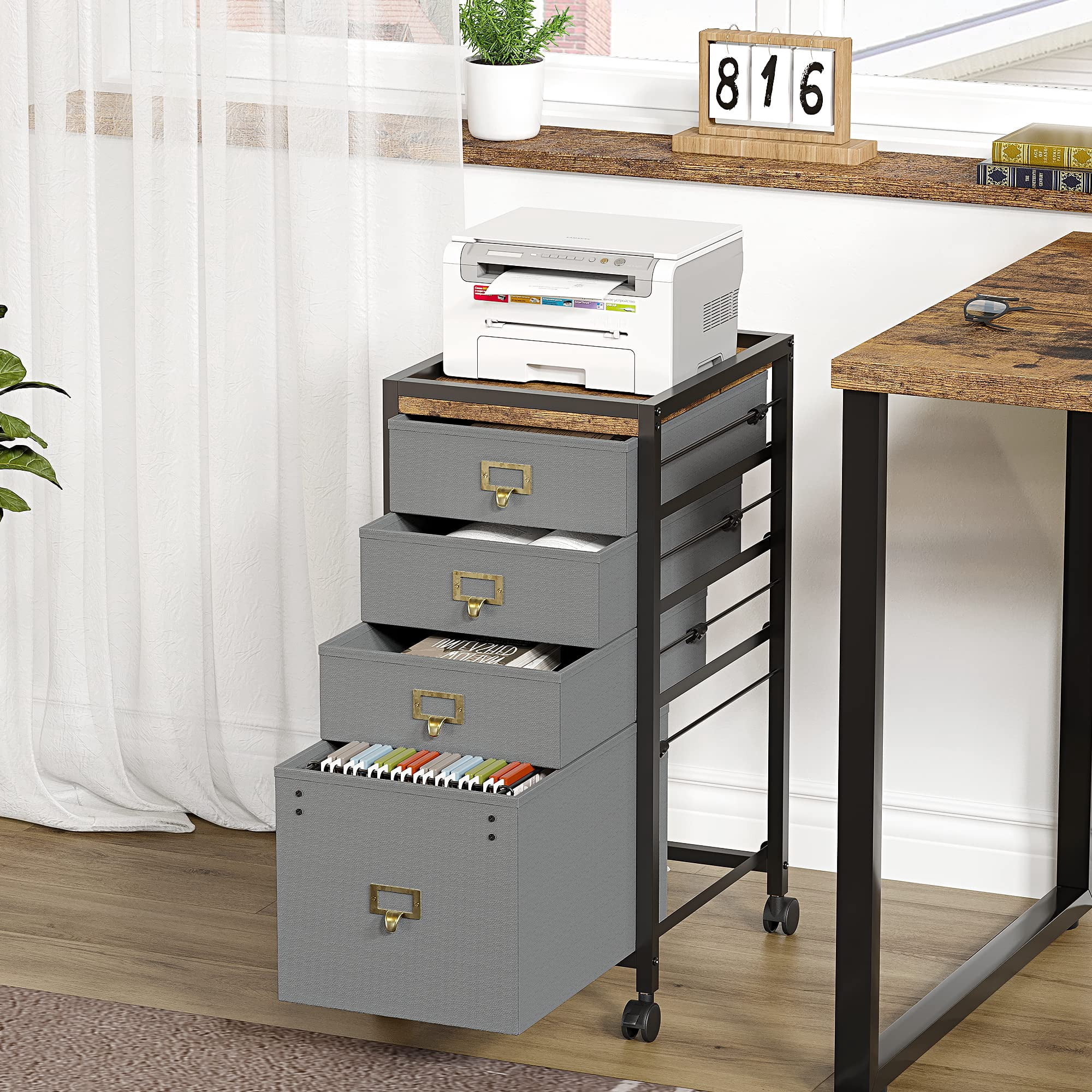 File Cabinet with Drawers, Mobile Filing Cabinet Rolling Printer Stand Fits A4 or Letter Size, Fabric Vertical File Cabinet with Wheels, Under Desk Storage Cabinet for Home Office