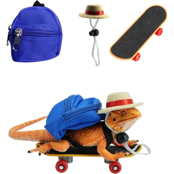 TJY 3pcs Bearded Dragons Accessories Toy Lizard Backpack Adjustable Hat and Mini Skateboard Fit for Lizard Bearded Dragons Hamster Parrot Little Turtle Reptiles Small Animals