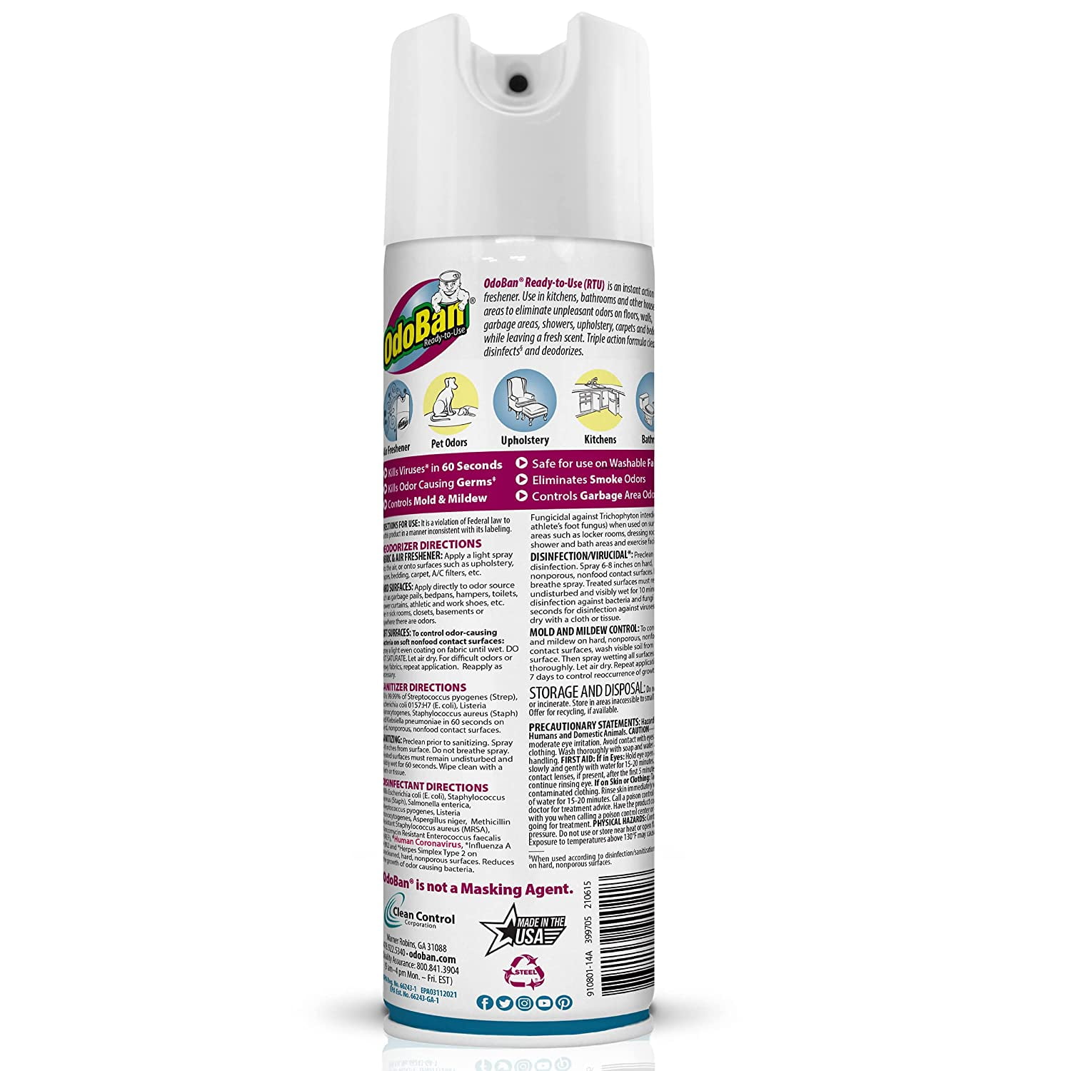 OdoBan Ready-to-Use 360-Degree Continuous Spray Disinfectant Cleaner and Odor Eliminator, Fabric and Air Freshener, 4 Pack, 14.6 Ounces Each, Cotton Breeze Scent
