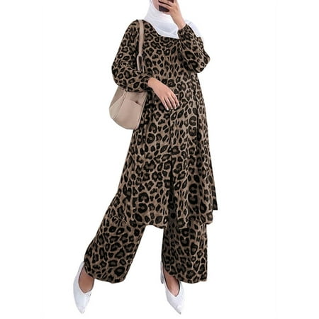 

ZANZEA Women Long Sleeve Button Down Front Leopard Printed Muslim Suits