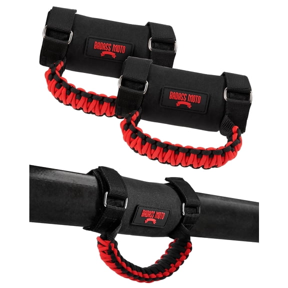 Badass Moto Grab Handle - Pack of 2 UTV Roll Bar Grab Handle Grips Accessories - Durable Red Paracord Hand Grip w/Stainless Steel - Versatile SxS Accessories for Can Am, Polaris Ranger, CF Moto & ATV